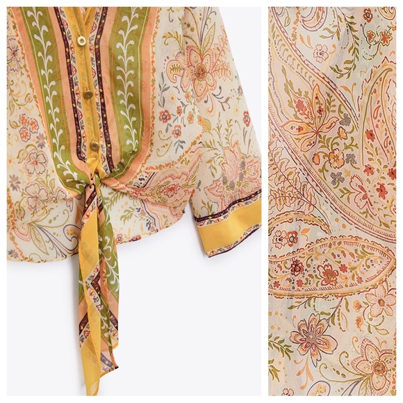 NWT. Zara Cream/Beige Paisley Printed Chiffon Blouse. Size L. - Picture 6 of 10